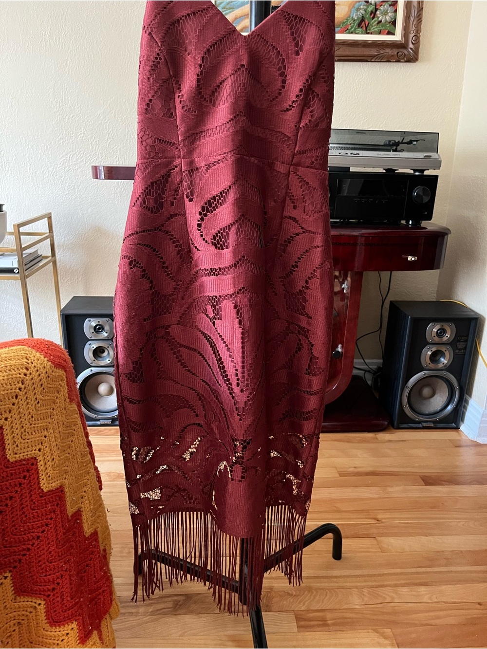 Women's Burgundy Crochet Midi Dress with Fringe